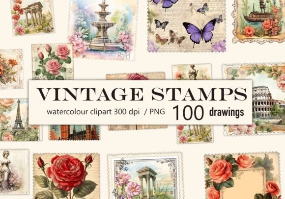 100 Vintage Stamps Watercolor Clipart Illustrations