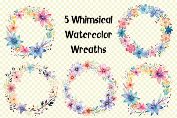 5 Whimsical Watercolor Wreaths Clipart Illustrations