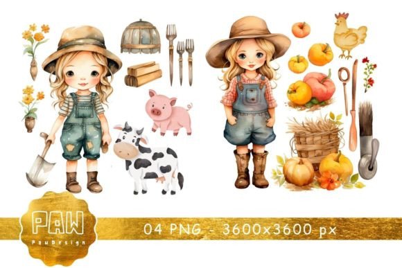 Baby Girl Farmer Watercolor Clipart: Editorial Illustrations