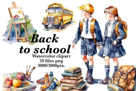 Back to School Watercolor Clipart Illustrations