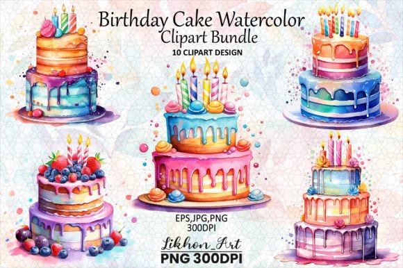 Birthday Cake Watercolor Clipart Bundle Illustrations