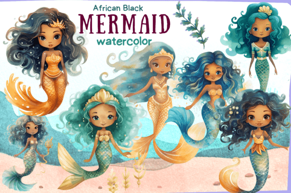 Black African Mermaid Watercolor PNG for Illustrations