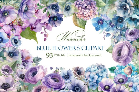Blue Flower Illustrations: Watercolor Clipart Bundle