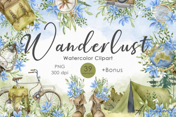 Camping Watercolor Clipart Set Travel Illustrations
