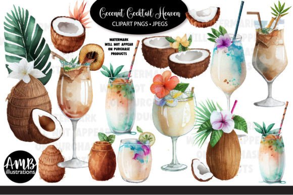 Coconut Exotic Drinks Watercolor Clipart Illustrations