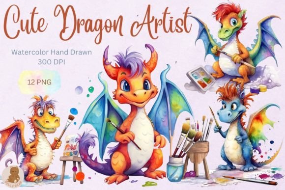 Cute Dragon Watercolor Illustrations for Crafters