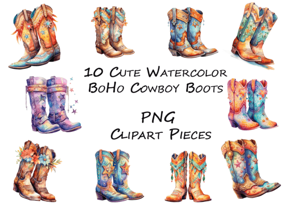 Cute Watercolor BoHo Cowgirl Boots Illustrations