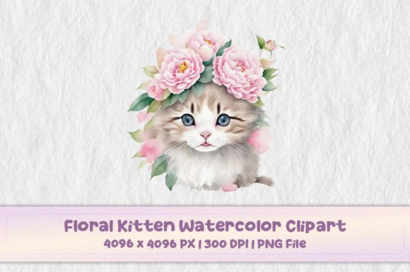 Floral Kitten Watercolor Clipart: Illustrations for Branding