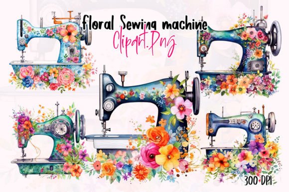 Floral Sewing Machine Watercolor Clipart Illustrations