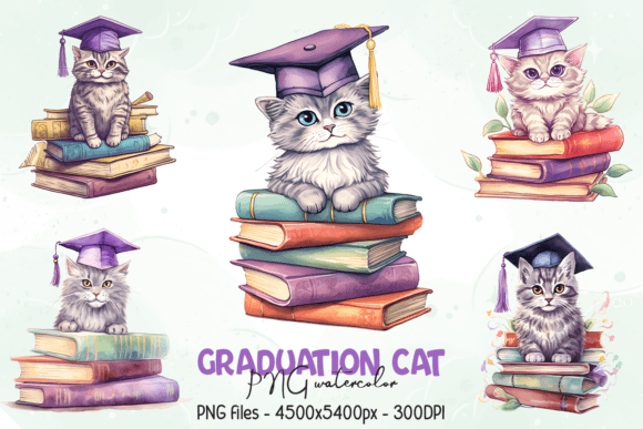 Graduation Cat PNG Watercolor Illustrations for Branding