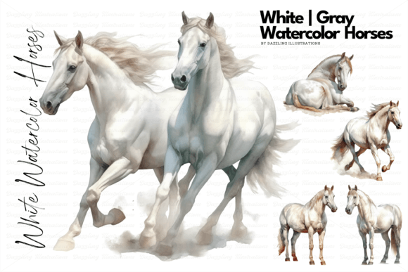 Gray White Watercolor Horses Illustrations for Crafting