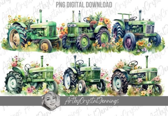 Green Tractor Watercolor Farm Illustrations Review