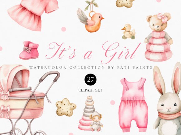 It's a Girl Watercolor Pink Clipart Set Illustrations