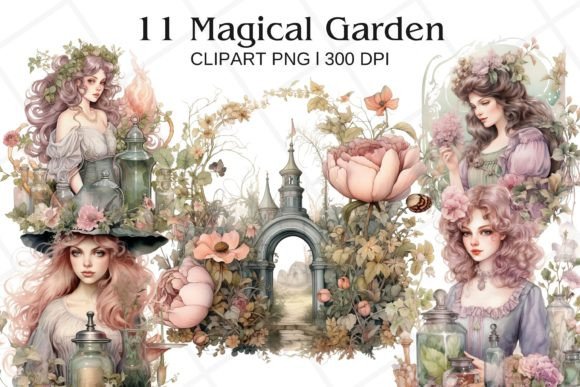 Magical Garden Witch Illustrations for Digital Products