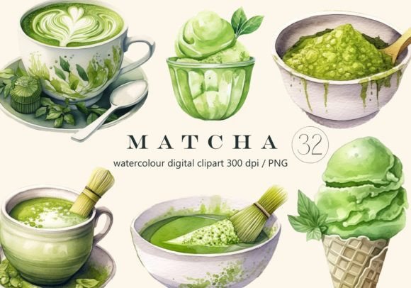 Matcha Green Tea Watercolor Clipart Freebies for Branding