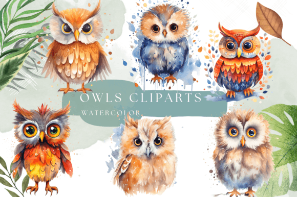 Owls Watercolor Folk Art Illustrations for Branding