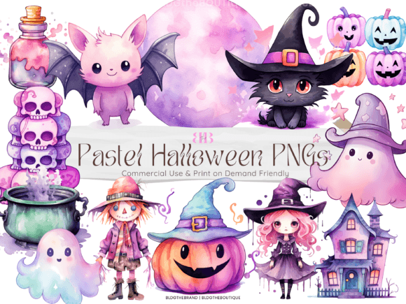 Pastel Halloween Watercolor PNG Clipart Illustrations