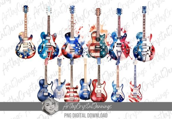 Patriotic American Guitar Watercolor PNG Illustrations