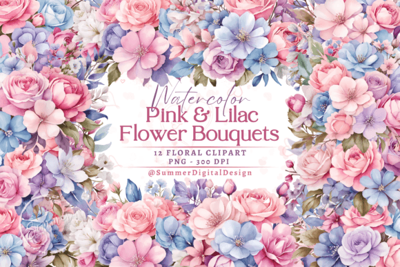Pink Lilac Watercolor Flower Bouquets Illustrations Review