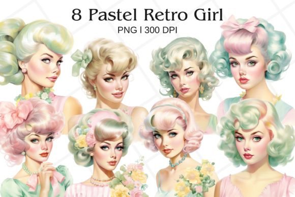 Retro Pin Up Girl Watercolor Clipart Illustrations