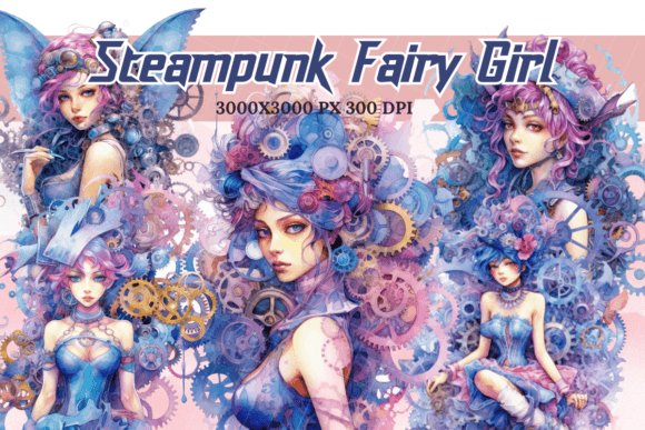 Steampunk Fairy Girl Watercolor Bundle Illustrations