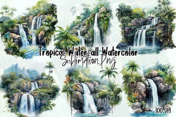 Tropical Waterfall Clipart: Illustrations for Branding