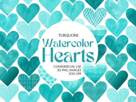 Turquoise Watercolor Hearts Illustrations for Branding