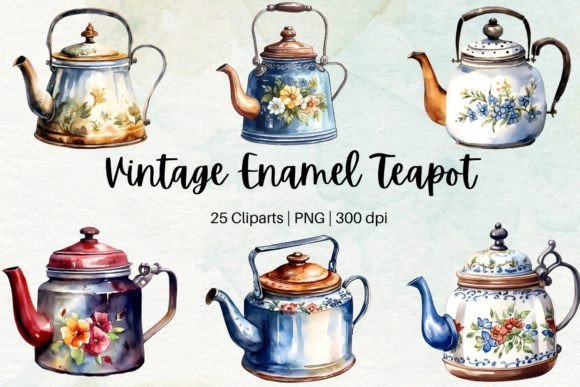 Vintage Teapot Watercolor Sublimation Illustrations