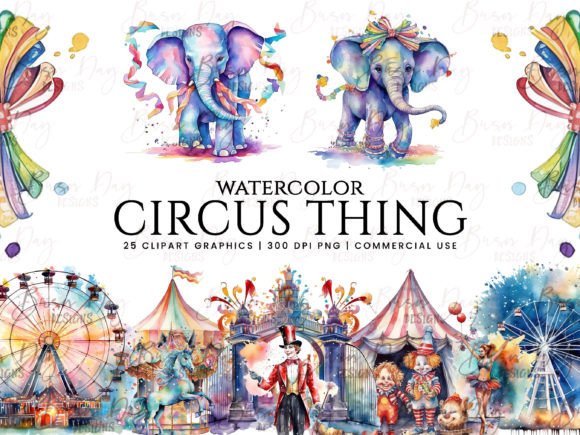 Watercolor Circus Thing Clipart Bundle: Editorial Illustrations