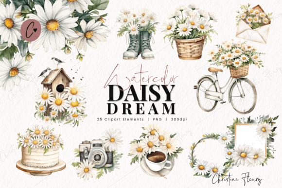 Watercolor Daisy Dream Clipart Flower Illustrations