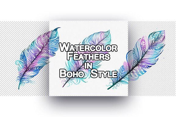Watercolor Feathers in Boho Style Illustrations