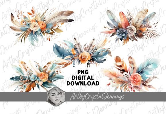 Watercolor Floral Boho Feather Design for Illustrations