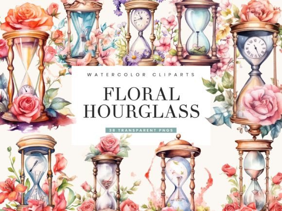 Watercolor Floral Hourglass Clipart for Illustrations