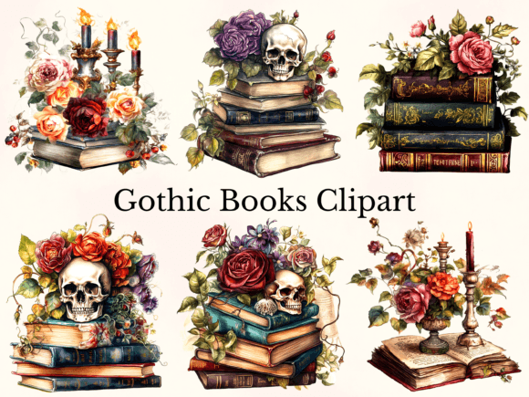Watercolor Gothic Books Illustrations for Digital Products