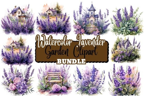 Watercolor Lavender Garden Clipart Illustrations