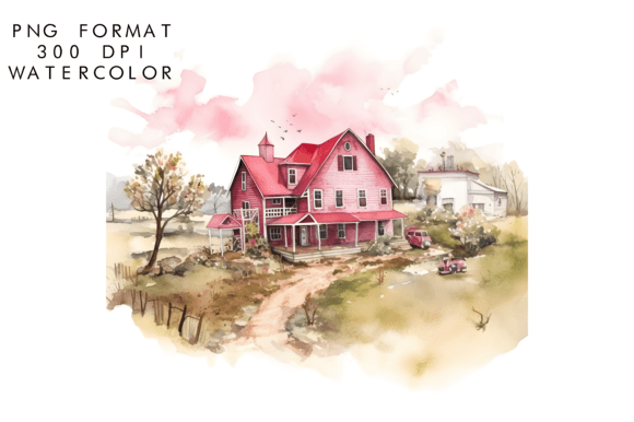 Watercolor Pink Farm Sublimation: Editorial Illustrations