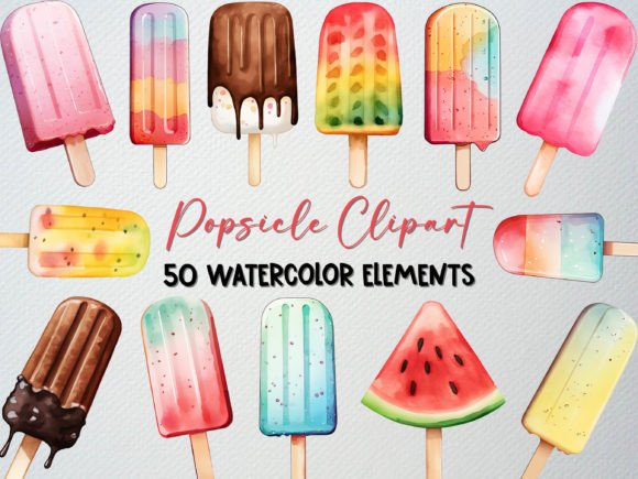 Watercolor Popsicle Clipart Set: 50 PNG Illustrations