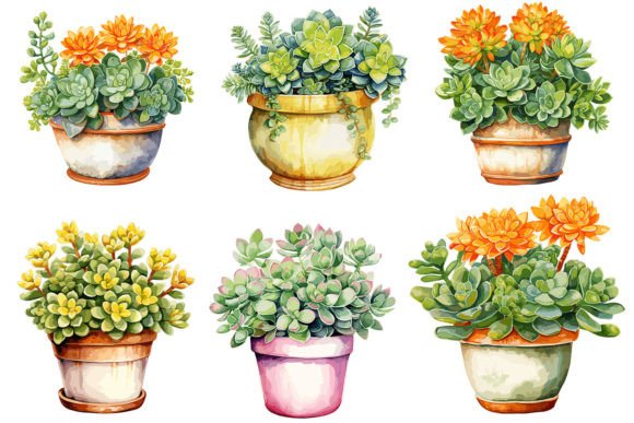 Watercolor Pot Plants Clipart: Editorial Illustrations