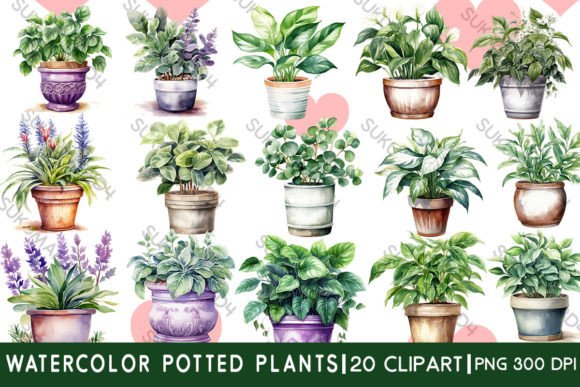 Watercolor Potted Plants Clipart for Embroidery