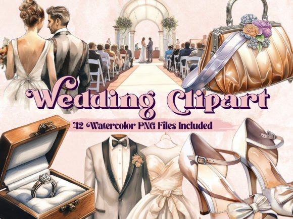 Watercolor Wedding Day Clipart PNG Illustrations